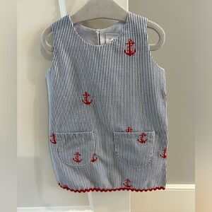 Piping Prints Baby Girl Navy Seersucker Dress w/Embroidered Anchors Size 12-18 M